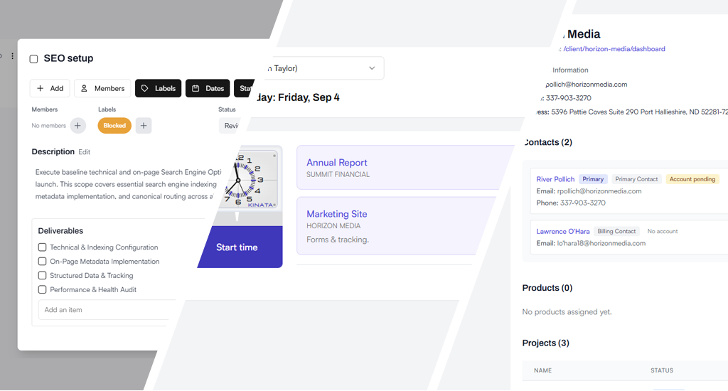 Kizani Kanban board with time tracking on a card and client portal progress view